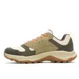 Championes de trekking Merrell Tempo Sol, combinando gamuza verde militar y malla en tonos beige y verde oscuro, con cordones naranjas y suela dentada marrón.