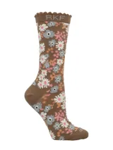 Calcetín de caña media con estampado floral sobre base color marrón. Presenta borde superior con terminación ondulada y logo de la marca RKF tejido en la parte superior.