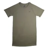 Vestido tipo remera New Balance de corte recto y largo midi, confeccionado en tejido de punto gris melange. Presenta cuello redondo, mangas cortas con dobladillo y logo de la marca bordado en el pecho.