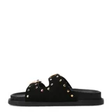 Sandalias Miss Carol Munna de diseño slide, color negro, con dos tiras anchas en el empeine decoradas con tachas doradas y grandes hebillas metálicas ajustables.