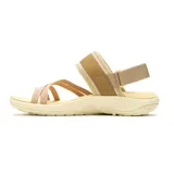 Sandalia deportiva Merrell con tiras de malla en tono beige y correas ajustables con hebilla color salmón. Cuenta con una base de goma EVA ergonómica y antideslizante.