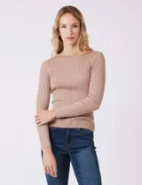 Buzo de tejido acanalado, con cuello redondo y mangas largas, de calce ajustado al cuerpo.