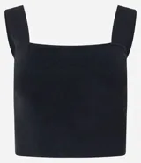 Top cropped sin mangas, color negro, con escote cuadrado y breteles anchos. Tejido acanalado de viscosa y poliamida.