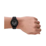 Reloj Emporio Armani modelo Antonia, color negro con detalles plateados. Cuenta con caja de acero inoxidable de 41mm, esfera negra con subesferas de cronógrafo y correa de cuero negro.