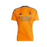 Camiseta de fútbol Adidas de la segunda equipación del Real Madrid, temporada 24/25, color naranja con detalles en negro. Incluye logo de Adidas, escudo del club y sponsor Emirates Fly Better en el frente.