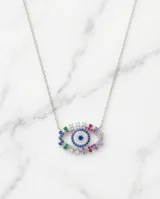 Collar de plata 925 con dije en forma de ojo decorado con circonias multicolor.