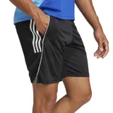 Short deportivo Adidas Tiro 25 Competición, color negro con tres tiras blancas en los laterales y logo blanco en la pierna derecha.