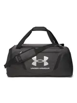 Bolso deportivo Under Armour modelo Undeniable 5 Duffle M, color gris oscuro con detalles en negro. Cuenta con tecnología UA Storm repelente al agua, paneles inferiores y laterales reforzados con TPU, compartimento ventilado para calzado o ropa sucia, bolsillos organizadores internos, correa de hombro acolchada extraíble y asas superiores.
