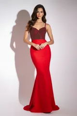 Vestido de noche largo con silueta sirena, compuesto por un corset con tirantes finos adornado con pedrería brillante y una falda larga de tela lisa y fluida.