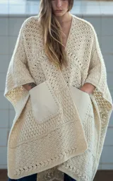 Ruana abierta color crudo, tejida a mano en crochet con lana merino uruguaya. Presenta textura combinada de puntos y trenzas, y bolsillos de cuero vacuno aplicados manualmente.