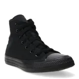 Championes Converse modelo Chuck Taylor All Star HI, de caña alta, color negro total. Confeccionados en lona de algodón con puntera, vira y suela de caucho.