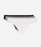 Kit de tres bombachas tipo bikini Lov, confeccionadas en poliamida con tecnología seamless y textura en relieve. Incluye una prenda blanca, una gris melange y una negra, todas de tiro medio y sin costuras visibles.