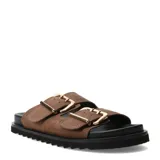 Sandalias Miss Carol modelo Mura, color marrón, con dos tiras anchas en el empeine ajustables mediante grandes hebillas metálicas doradas. Poseen suela plana de goma negra con diseño dentado.