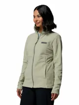 Campera polar Columbia de corte entallado, con cierre frontal completo, cuello alto y bolsillos laterales. Presenta el logo de la marca bordado en el pecho.