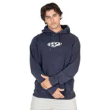 Canguro azul con capucha y cordones ajustables. Estampado frontal con el logo de la marca en blanco, amarillo y celeste.