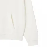 Canguro Lacoste de color blanco, con capucha ajustable mediante cordones, bolsillo frontal tipo canguro y puños y ruedo acanalados. Presenta un pequeño bordado en el pecho con el logo de la marca y la frase 'Jeu Set et Match'.