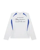 Remera de manga larga Obey, color blanco con paneles laterales y en hombros en color azul. Presenta estampado gráfico frontal con tipografía y logo de la marca.