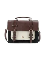 Cartera tipo satchel de diseño tricolor con solapa superior en marrón, cuerpo central en beige y base en negro. Presenta correas decorativas verticales con hebillas metálicas, manija superior rígida y correa larga ajustable y removible. Incluye logo metálico frontal y herrajes dorados.