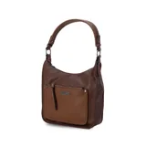 Bandolera morral color marrón, con asa de hombro y correa regulable. Cuenta con un bolsillo frontal con cierre y otro bolsillo trasero con cierre.