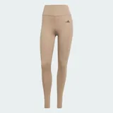 Calza deportiva de entrenamiento Adidas Optimé Essentials, color tostado de tiro alto con tecnología AEROREADY. Cuenta con cintura que se mantiene firme y costuras selladas.