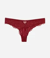 Bombacha tipo bikini de hilo doble, color rojo, confeccionada en encaje floral con laterales medios y bordes delicados.