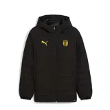 Campera acolchada Puma del Club Atlético Peñarol, color negro con capucha. Presenta cierre frontal completo, logo de la marca en amarillo en el pecho derecho y escudo del club en el pecho izquierdo.