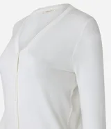 Cardigan de punto fino color gris, con escote en V, cierre frontal con botones y mangas largas. Confeccionado en una mezcla de viscosa y poliamida.