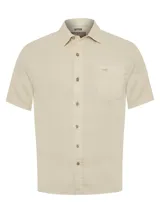 Camisa de manga corta RKF en color beige, confeccionada en tencel. Presenta cuello clásico, cierre frontal con botones, un bolsillo en el pecho con el logo del pato bordado al tono y pinza en la espalda.