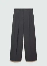 Pantalon de vestir de corte wide leg, color gris oscuro, con tiro medio, bolsillos laterales y bolsillos de ribete en la parte posterior.