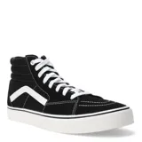 Championes tipo botita de lona color negro con detalles en blanco, incluyendo la suela de goma y cordones. Presentan un diseño de inspiración urbana con costuras reforzadas.