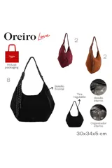 Cartera tipo hobo de Las Oreiro en color marrón, confeccionada en material tipo gamuza. Presenta una correa de hombro estilo soga trenzada con nudos decorativos y un bolsillo lateral con cierre. Incluye un pequeño aplique metálico con forma de labios en la parte inferior frontal.