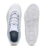 Championes Puma modelo Catch Soleil para mujer, color blanco con detalles en celeste, confeccionados en material sintético con la característica franja Formstrip de la marca y logo en el lateral.