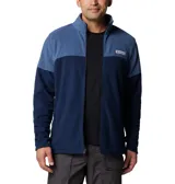 Polar Columbia de hombre, modelo Basin Trail III Full Zip, color azul marino con bloques de color azul más claro en hombros y parte superior del pecho. Presenta cuello alto, cierre frontal completo y bolsillos laterales con cierre.