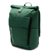 Mochila Columbia de 27 litros con diseño roll-top, confeccionada en tejido resistente al agua con revestimiento de PU. Cuenta con respaldo de malla transpirable, tirantes acolchados ergonómicos, funda interna para portátil de 15 pulgadas, bolsillos laterales para botellas y bolsillo frontal con cierre.