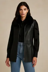 Chaleco largo de cuero negro con cuello de piel sintética negra, cierre frontal con cremallera y bolsillos laterales.