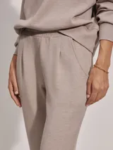Pantalón de jogging color taupe, confeccionado en tejido DoubleSoft, con corte ajustado, pinzas delanteras y traseras, y puños enrollados en el bajo.