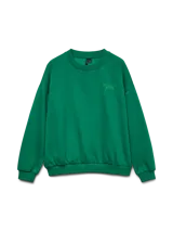 Buzo de felpa verde de corte relajado, con cuello redondo, mangas largas y una pequeña estampa decorativa en el pecho.