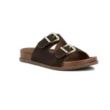 Sandalias tipo Birkenstock de gamuza color cacao, con dos tiras ajustables con hebillas metálicas doradas y base de corcho sintético.