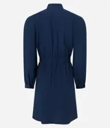 Vestido corto azul marino de viscosa, con escote en V, mangas largas con puños elásticos, cintura ajustada con lazo y superficie lisa.