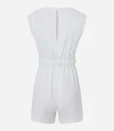 Enterito corto azul marino con cuello redondo, mangas cortas, cierre en la espalda y cinturón elástico con hebilla metálica.