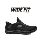 Championes deportivos Skechers modelo Slip-Ins Summits Dorrez, de horma ancha (Wide Fit), color negro. Cuentan con diseño sin cordones, parte superior de tejido técnico y tecnología Slip-Ins con soporte en el talón.