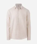 Camisa comfort de manga larga y cuello inglés, confeccionada en mezcla de lino y algodón. Presenta un diseño básico sin estampa con cierre frontal de botones.