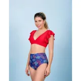 Bombacha de bikini tiro alto azul con estampado tropical de hojas en tonos rojos y celestes.