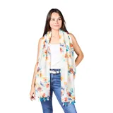 Pashmina de viscosa liviana con estampado floral multicolor y terminaciones con flecos.