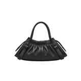 Cartera satchel compacta de cuero de cordero negro, con diseño estructurado, frunces en la parte superior, doble asa de mano y correa ajustable para llevar al hombro o cruzada. Incluye cierre metálico frontal con logo grabado.