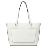 Cartera tipo tote bag Guess modelo Jillian de color blanco, confeccionada en material sintético con estampado en bajorrelieve del monograma de la marca. Cuenta con doble asa de hombro, herrajes metálicos plateados, un dije colgante con logo y placa triangular frontal con el logotipo de Guess.