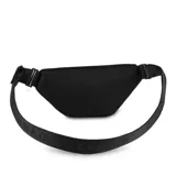 Riñonera negra reversible, con un lado liso y otro estampado. Tiene un compartimento principal con cierre YKK y un bolsillo lateral para tarjetas. La correa es ajustable y se puede usar en la cintura o al hombro.