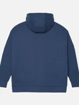 Canguro azul marino con capucha, bolsillo tipo canguro y logo estampado en el pecho.