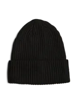 Gorro de lana tejido en punto acanalado con vuelta en el borde, de diseño clásico y textura suave.