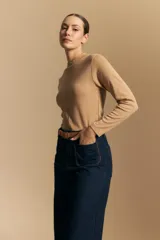 Polera de manga larga color marrón claro, con cuello alto y costura vertical decorativa en el frente.